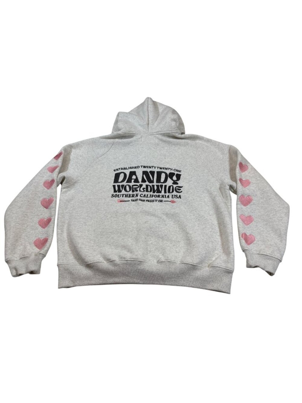 Dandy Worldwide Gray Hoodie Women’s Size S Pink Hearts On Sleeve (U1019)